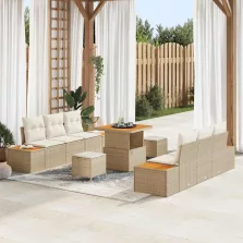   vidaXL Kerti Kanapé Szett párnával tárolóval 9 pcs Bézs Poli rattan