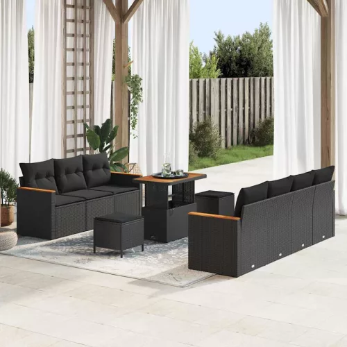 vidaXL Kerti Kanapé Szett párnával tárolóval 10 pcs Fekete Poli rattan