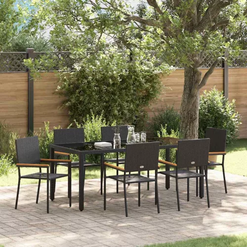 vidaXL Kert étkező szett 7 pcs Fekete 150 x 90 x 75 cm polirattan