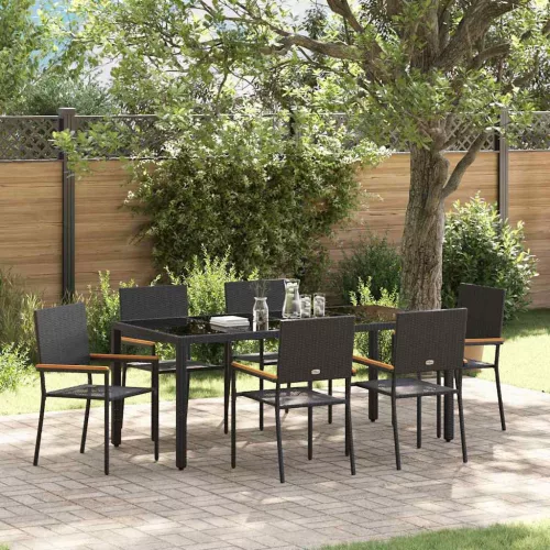 vidaXL Kert étkező szett 7 pcs Fekete 190 x 90 x 75 cm polirattan