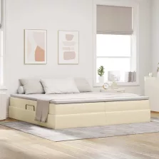   vidaXL Ágy tárolóval és matraccal Krém 200 x 200 cm Poliészter