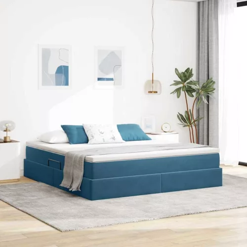 vidaXL Ágy tárolóval és matraccal Sötét kék 180 x 200 cm Bársony