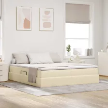   vidaXL Ágy tárolóval és matraccal Krém 180 x 200 cm Poliészter