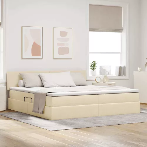 vidaXL Ágy tárolóval és matraccal matracmal Krém 200 x 200 cm Faanyag
