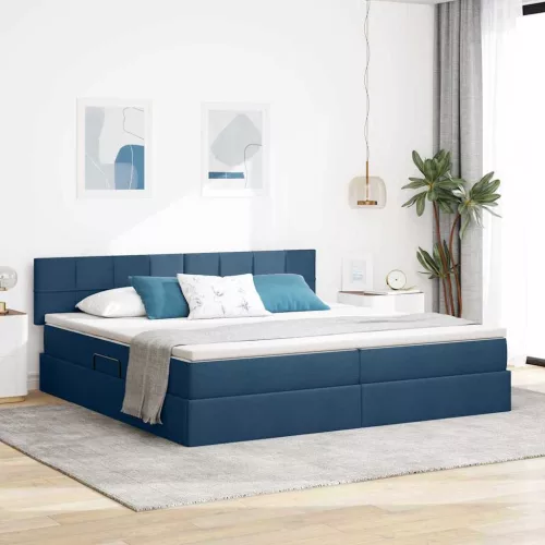 vidaXL Ágy tárolóval és matraccal matracmal Kék 200 x 200 cm Faanyag