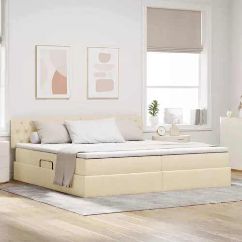 vidaXL Ágy tárolóval és matraccal matracmal Krém 200 x 200 cm Faanyag