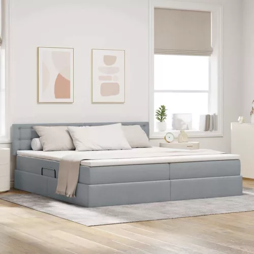 vidaXL Ágy tárolóval és matraccal Világosszürke 200 x 200 cm Faanyag