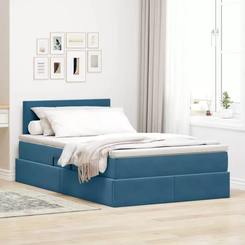 vidaXL Tárolós Ágy matracmal fejtámlával Kék 120 x 190 cm Bársony