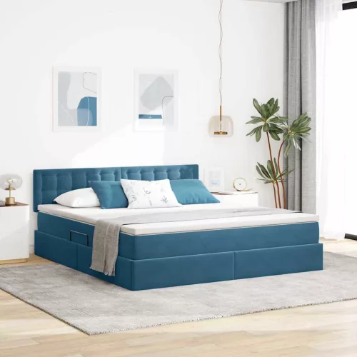 vidaXL Tárolós Ágy matracmal tárolóval Sötét kék 160 x 200 cm Bársony
