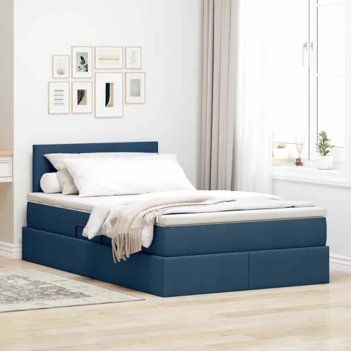 vidaXL Ágy tárolóval és LED lámpával matracmal Kék 120 x 190 cm szövet