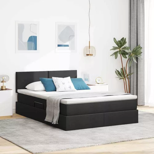 vidaXL Ágy tárolóval és LED lámpával leddel Fekete 140 x 200 cm szövet