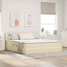   vidaXL Ágy tárolóval és LED lámpával leddel Krém 160 x 200 cm szövet