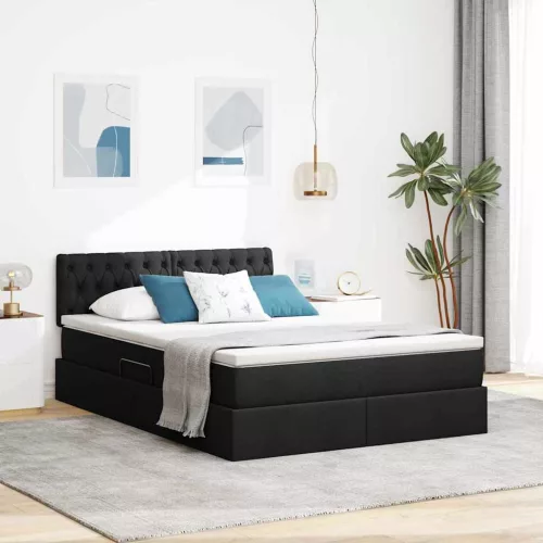 vidaXL Ágy tárolóval és LED lámpával leddel Fekete 140 x 200 cm szövet