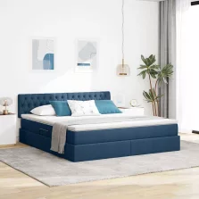   vidaXL Ágy tárolóval és LED lámpával matracmal Kék 160 x 200 cm szövet