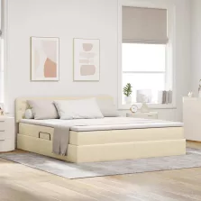   vidaXL Ágy tárolóval és LED lámpával leddel Krém 180 x 200 cm szövet