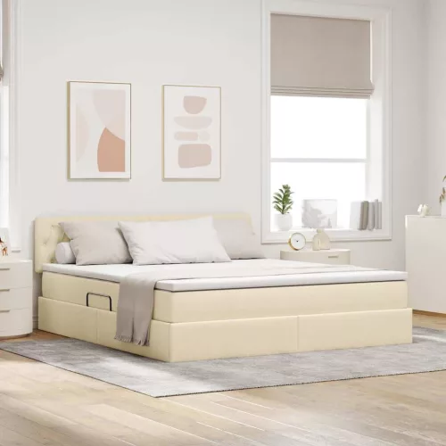 vidaXL Ágy tárolóval és LED lámpával leddel Krém 180 x 200 cm szövet