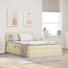   vidaXL Ágy tárolóval és LED lámpával leddel Krém 140 x 190 cm szövet