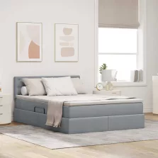   vidaXL Ágy tárolóval és LED lámpával Világosszürke 140 x 200 cm szövet