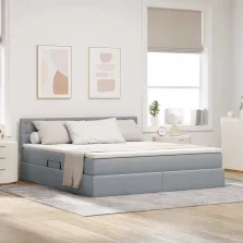   vidaXL Ágy tárolóval és LED lámpával Világosszürke 180 x 200 cm szövet