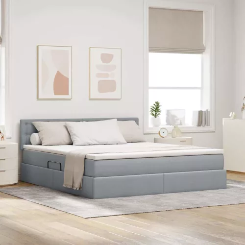 vidaXL Ágy tárolóval és LED lámpával Világosszürke 180 x 200 cm szövet