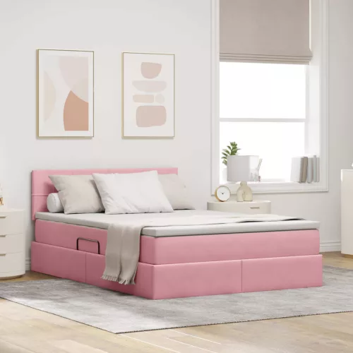 vidaXL Ágy tárolóval és LED lámpával Rózsaszín 140 x 190 cm Bársony