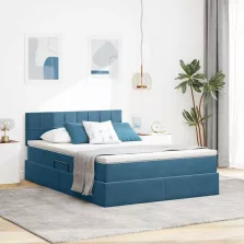   vidaXL Ágy tárolóval és LED lámpával Sötét kék 140 x 200 cm Bársony