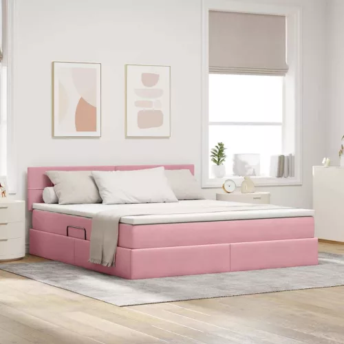 vidaXL Ágy tárolóval és LED lámpával Rózsaszín 180 x 200 cm Bársony