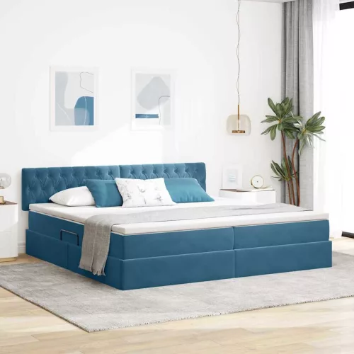 vidaXL Ágy tárolóval és LED lámpával Sötét kék 200 x 200 cm Bársony
