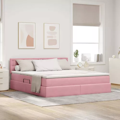 vidaXL Ágy tárolóval és LED lámpával Rózsaszín 180 x 200 cm Bársony