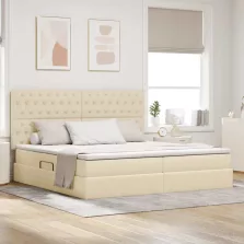   vidaXL Ágy tárolóval és matraccal Krém 200 x 200 cm Poliészter