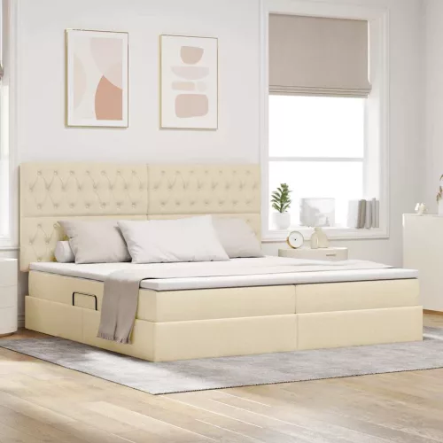 vidaXL Ágy tárolóval és matraccal Krém 200 x 200 cm Poliészter