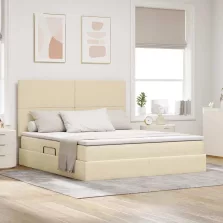   vidaXL Ágy tárolóval és LED lámpával Krém 180 x 200 cm Poliészter