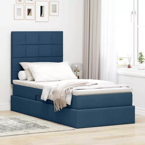 vidaXL Ágy tárolóval és LED lámpával leddel Kék 90 x 200 cm Poliészter