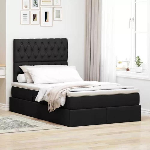 vidaXL Ágy tárolóval és LED lámpával Fekete 120 x 190 cm Poliészter