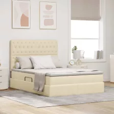   vidaXL Ágy tárolóval és LED lámpával Krém 140 x 200 cm Poliészter
