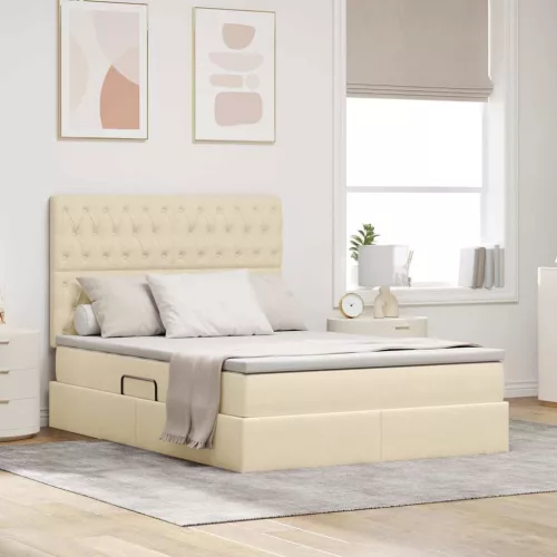 vidaXL Ágy tárolóval és LED lámpával Krém 140 x 200 cm Poliészter