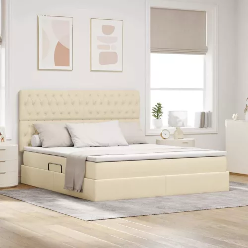 vidaXL Ágy tárolóval és LED lámpával Krém 160 x 200 cm Poliészter