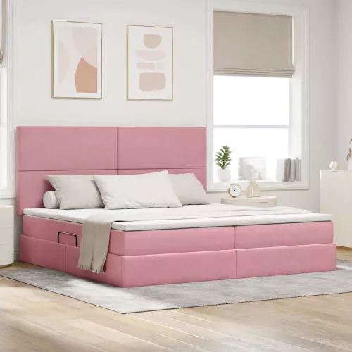 vidaXL Ágy tárolóval és LED lámpával Rózsaszín 200 x 200 cm Bársony