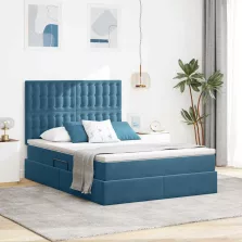  vidaXL Ágy tárolóval és LED lámpával Sötét kék 140 x 200 cm Bársony