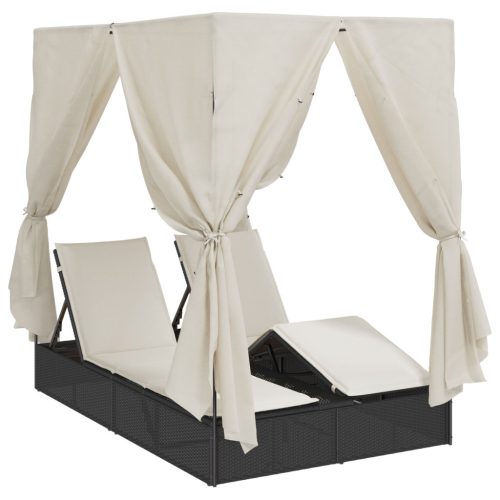 vidaXL Kétrészes Napágy Tetővel és Függönyökkel Fekete Poli Rattán