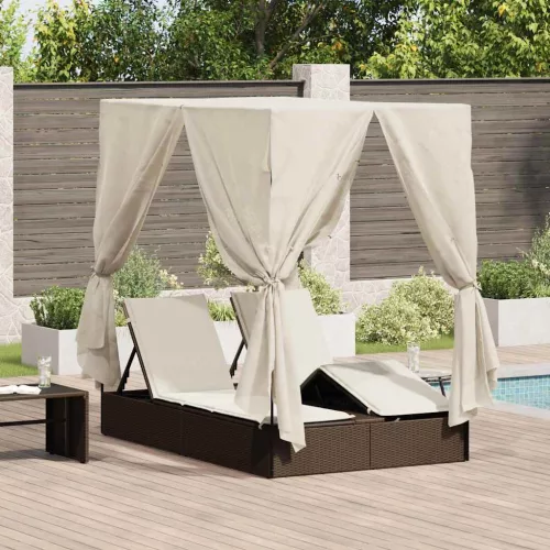 vidaXL Kettős Napozóágy Tetővel Barna 205 x 129 x 200 cm PE rattan