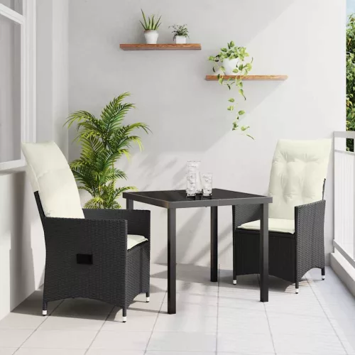 vidaXL Kert étkező szett párnával 3 pcs Fekete Poli rattan