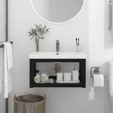   vidaXL fekete vas fürdőszobai fali mosdókagylókeret 59 x 38 x 31 cm