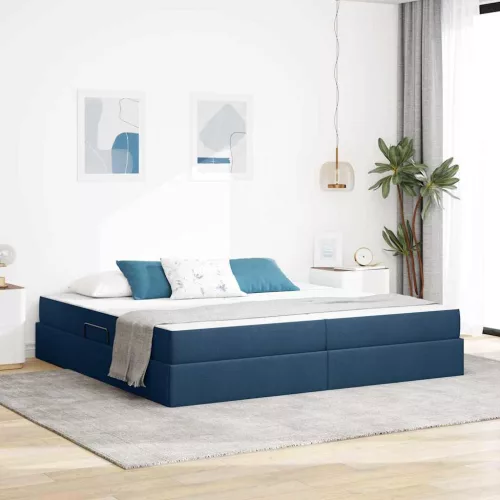 vidaXL Ágy tárolóval és matraccal Kék 200 x 200 cm Poliészter