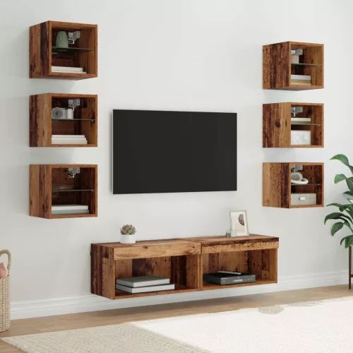 vidaXL TV szekrény LED -es lámpákkal fiókkal 8 pcs Öreg fa Üveg