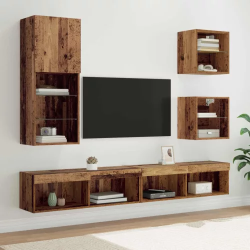 vidaXL TV Fali Egységek LED-del Falra szerelhető 5 pcs Öreg fa Faanyag
