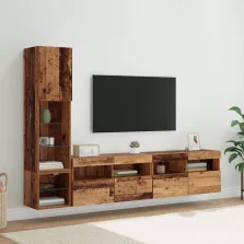   vidaXL TV faliszekrény leddel Falra szerelhető 4 pcs Öreg fa Faanyag
