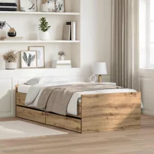   vidaXL Ágykeret fiókkal Artisan tölgy 100 x 200 cm Tömör fenyőfa