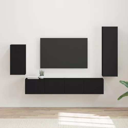 vidaXL TV szekrény garnitúra Falra szerelhető 4 pcs Fekete Faanyag