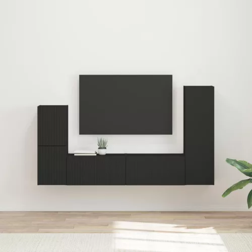 vidaXL TV szekrény garnitúra Falra szerelhető 4 pcs Fekete Faanyag
